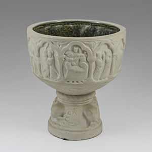 Copy of the baptismal font in Aakirkeby, Bornholm, Denmark created by L. Hjorth Ceramic.